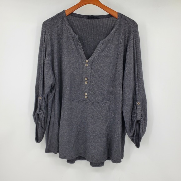 Jane + Delancey Tops - Jane + Delancey 2X Charcoal Grey Waffle Knit Roll Tab Sleeve Henley Top Shirt